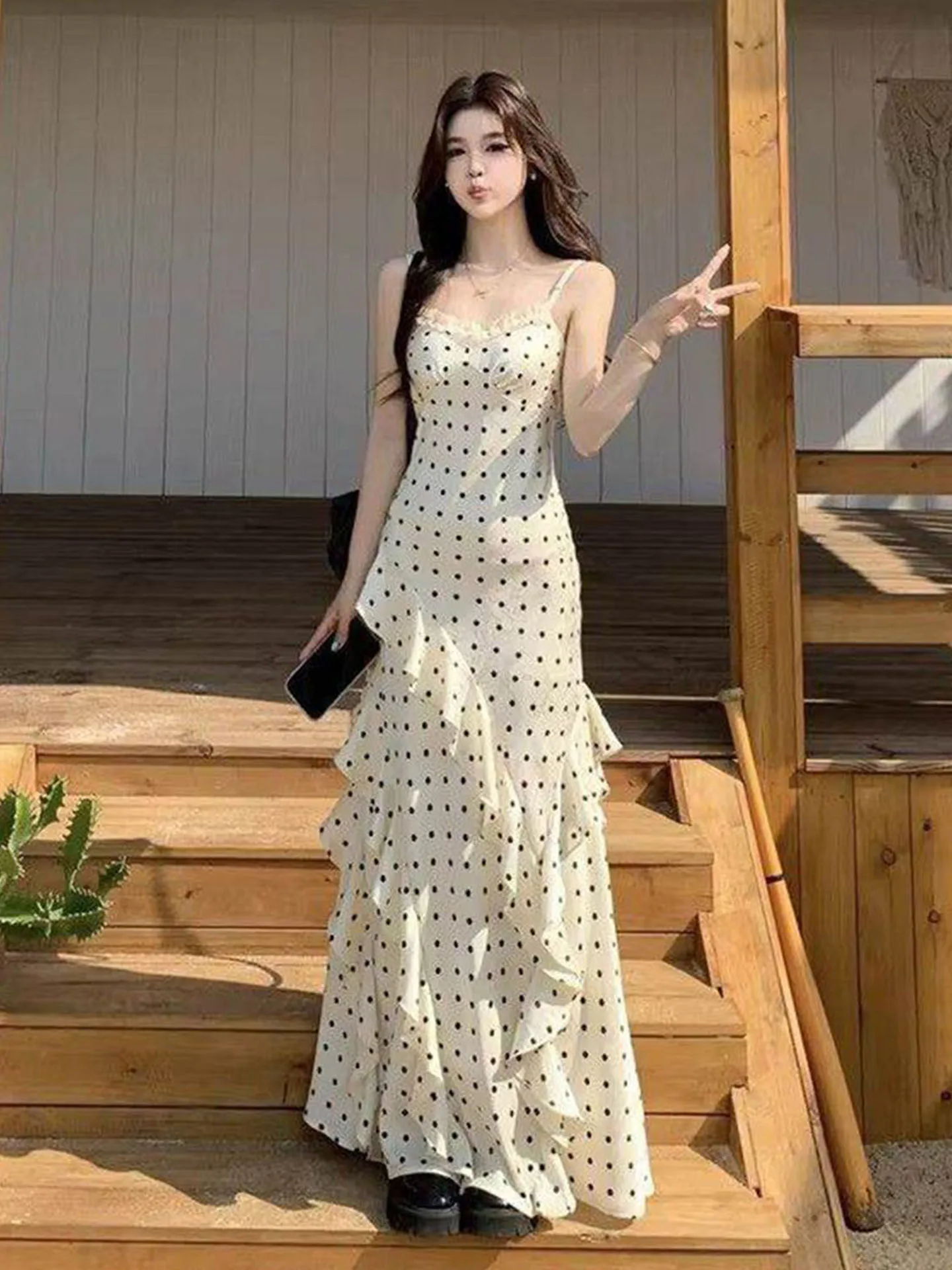 White Polka Dot Ruffle Halter Dress Women's Beautiful Early Spring Slimming Wrap around Skirt Bohemian Style High Waist Long ...