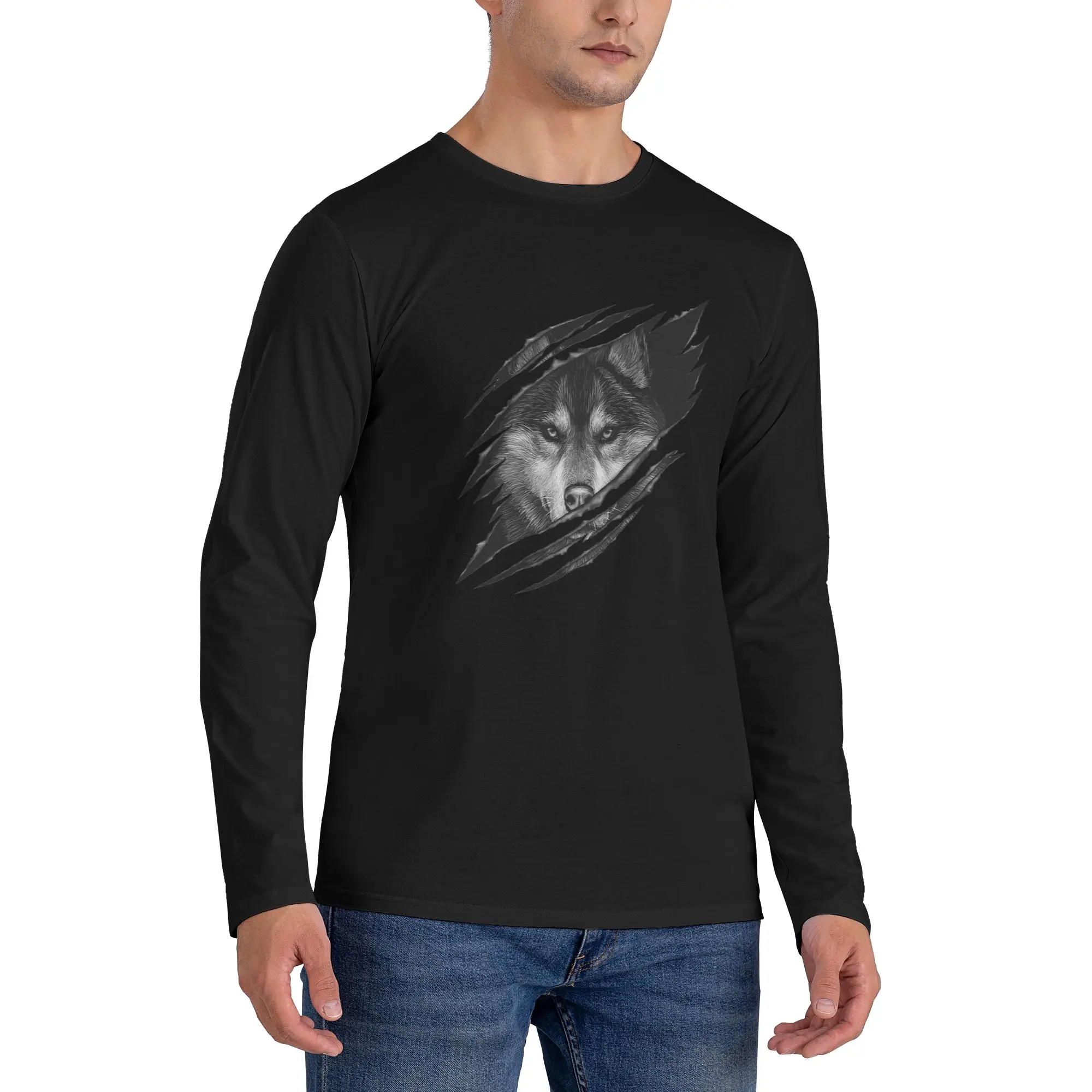 

Cool Wolf RAR Design Мужская футболка с длинными рукавами Дышащие футболки с круглым вырезом Весенние и осенние мужские топы