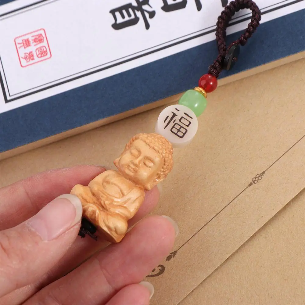 Men Women Boxwood Buddhist Keychain Handcarved Key Holder Tathagata Buddha Lanyard Wooden Monk Buddhist Keyring Carving Pendant