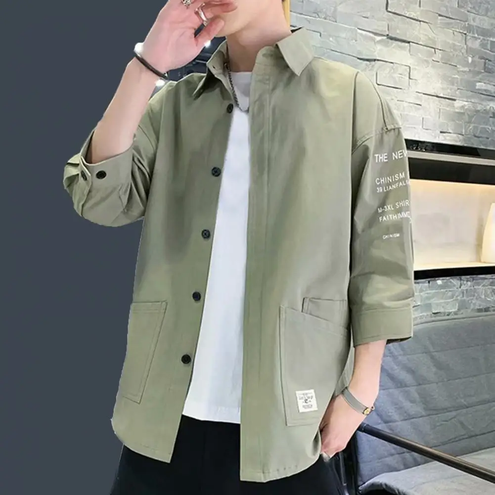 Men's Japanese Style Casual Cargo Shirt, Loose Cardigan, Turn-down Collar, Three-Quarter Sleeves, Men's Coat, camisas de hombre