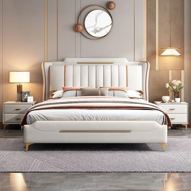 Moderne eenvoudige hoofdslaapkamer sfeervol lederen bed hoofdslaapkamer dubbel
