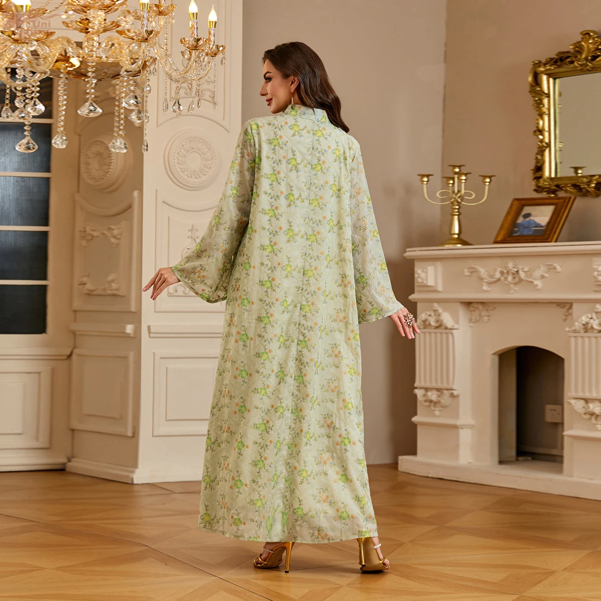 Uni Dubai Floral Print Rhinestone Luxury Women Evening Maxi Dress Abaya Long Sleeve Modest Muslim Dress 2026