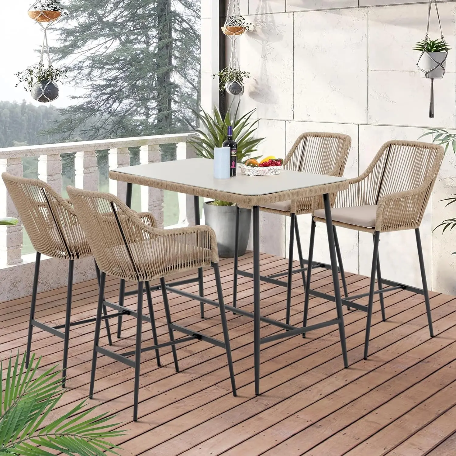 

5-Piece Patio Bar Dining Set, Bar Height Outdoor Table and Chairs Set with 4 Bar Stools, Cushions & 41" Table for Patio