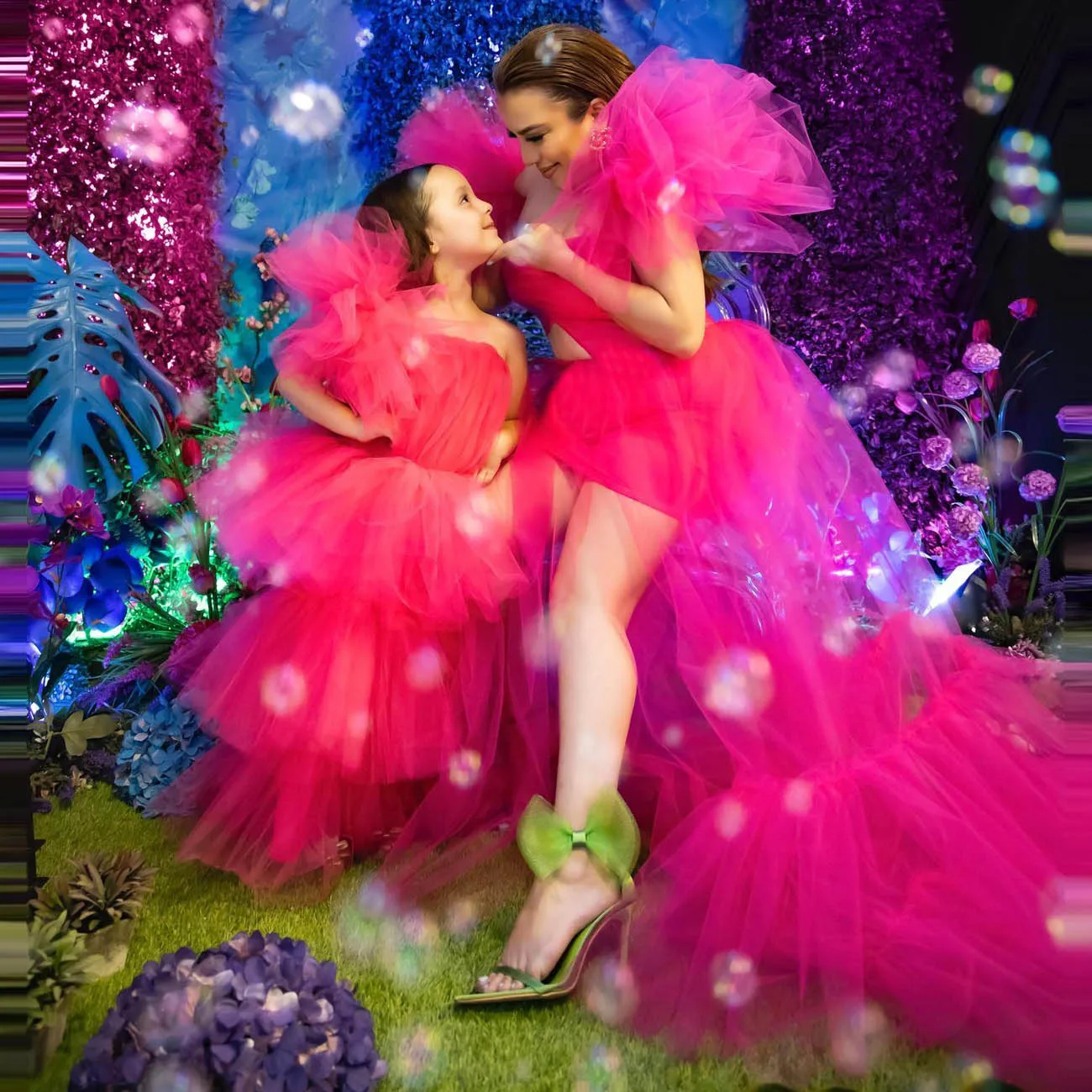 Fuchsia Mum and Daughter Party Dress Tulle Sexy Mother Daughter Matching Dress Tiered Sexy Family Look Gowns