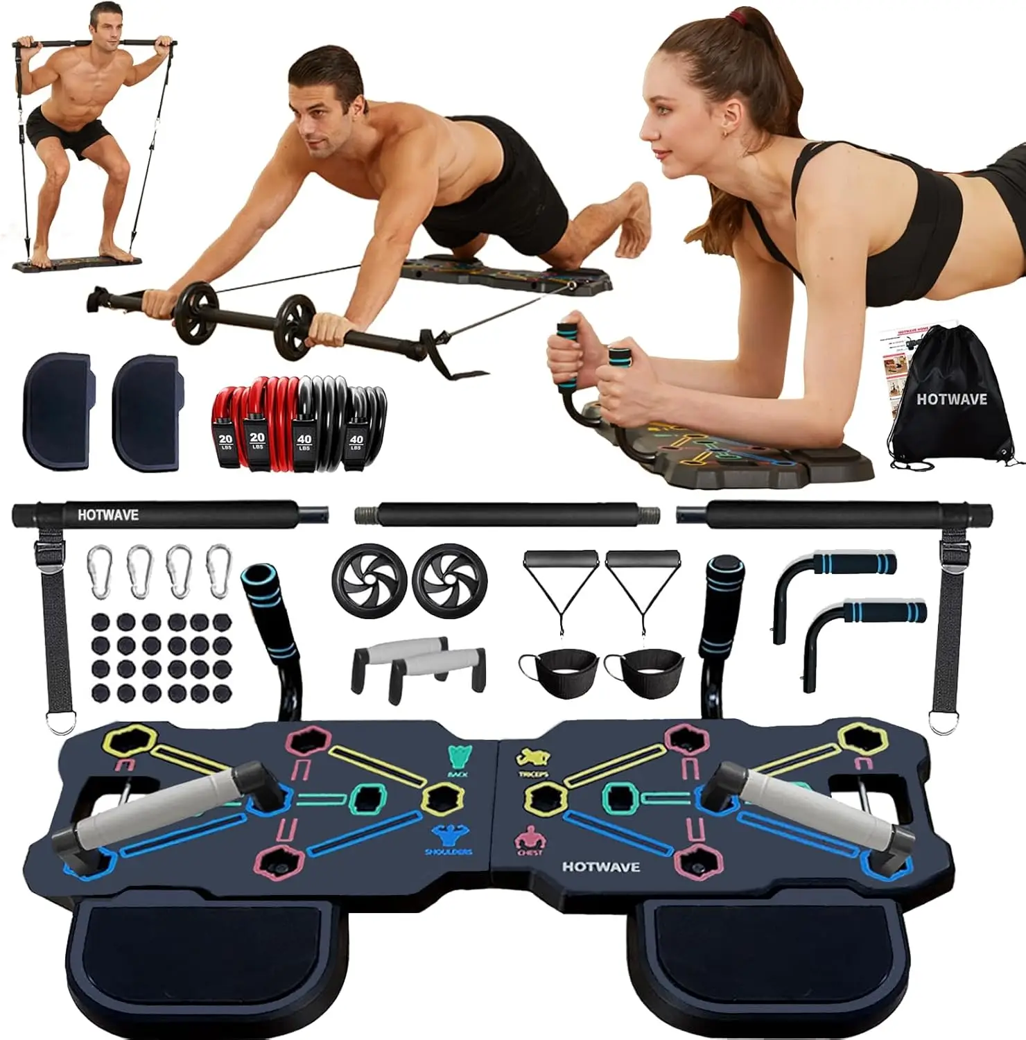 Portable Push Up Board &Plank Workout Equipment with 20 Gym Accessories, Resistance Band with Ab Roller Wheel For Men and Women