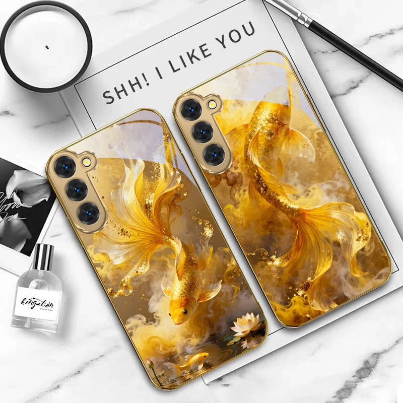 かわいい金色の鯉の魚柄のSamsung Galaxy S20 FE S21 S22 S23 Plus S24 Ultra S25Ultra S21+ S9+ S22Plus用ゴールデンガラス製スマホケース