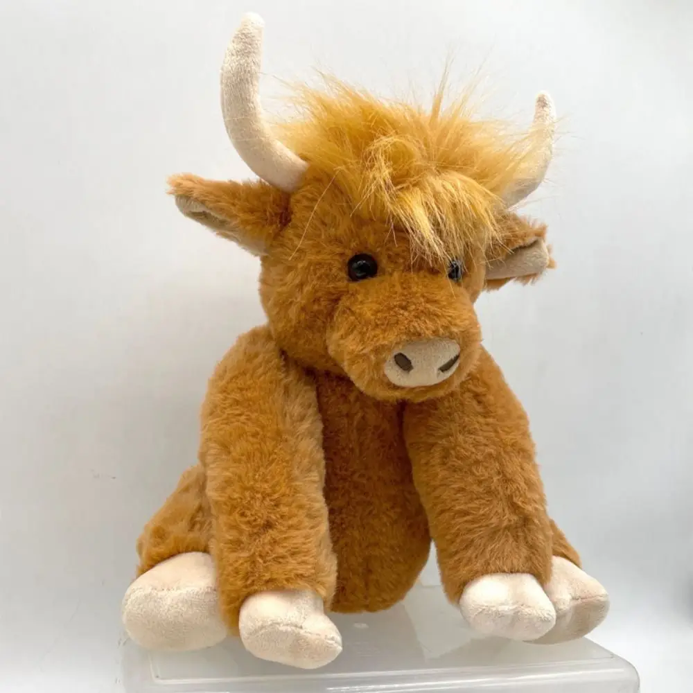 Simulation Highland Cow 25cm Flower Hairband Movable PP Cotton Doll Joints Movable Soft Long Hair Yak Collectible Item