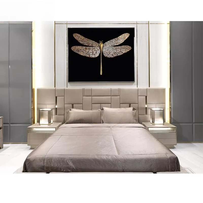 High-end Modern Luxury Italian Microfiber Leather King Size Bed Upholstered Double Bed with Headboard