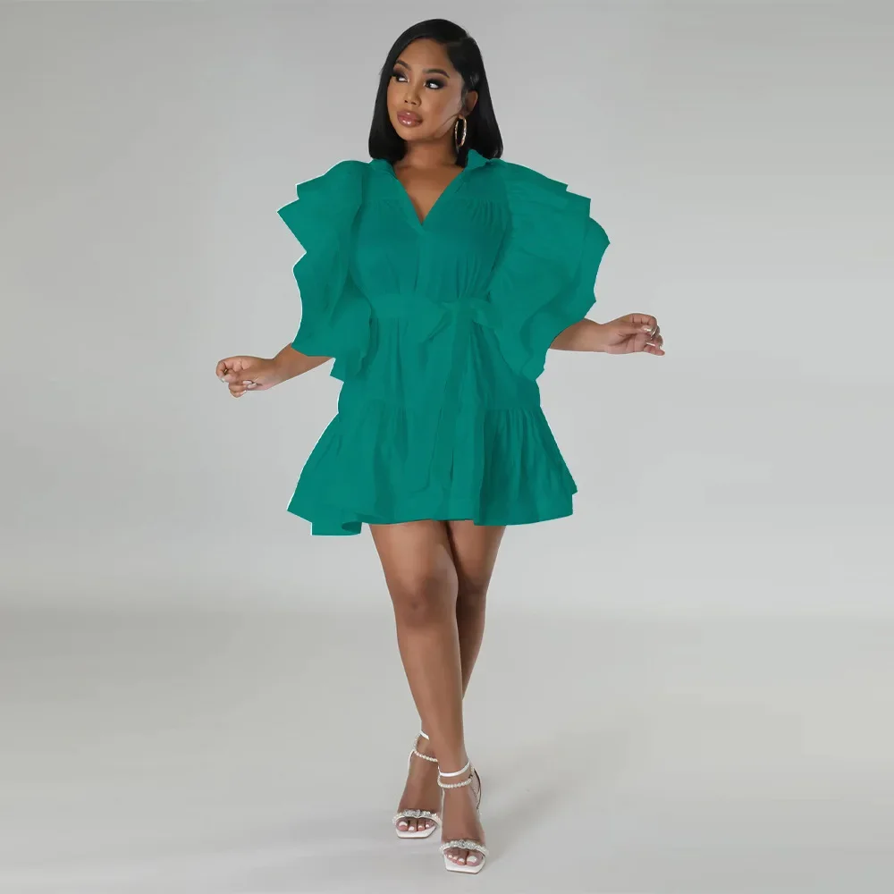 Women Ruffles Flare Clock Sleeve Turn-down Collar Front Button Smock Babydoll Big Swing Dresses 2024 INS Street Dress