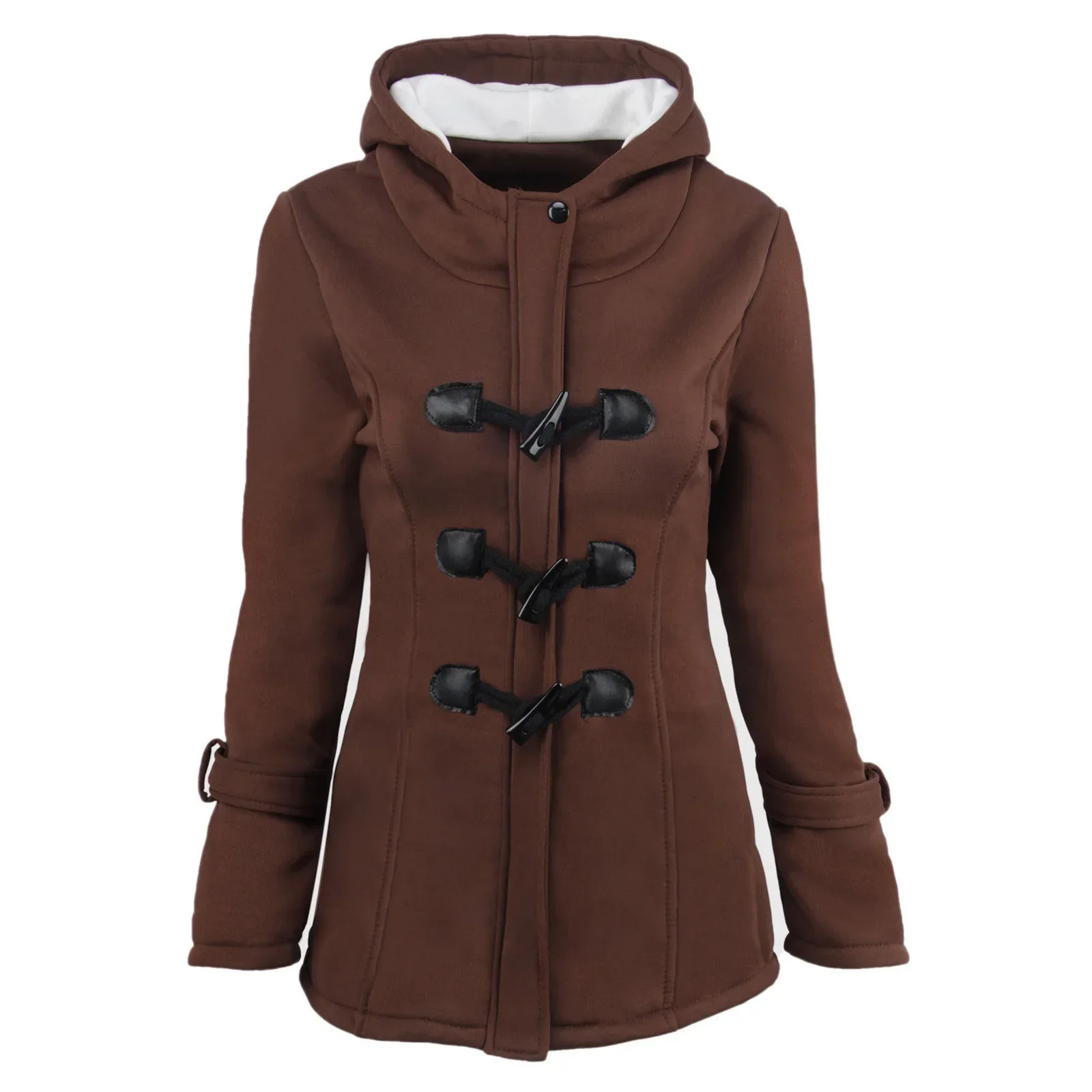 Autumn Winter 2023 Full Sleeve Solid Women Hooded Loose Casual Thick Coats Horn Button Regular Splice Single Breasted Jackets