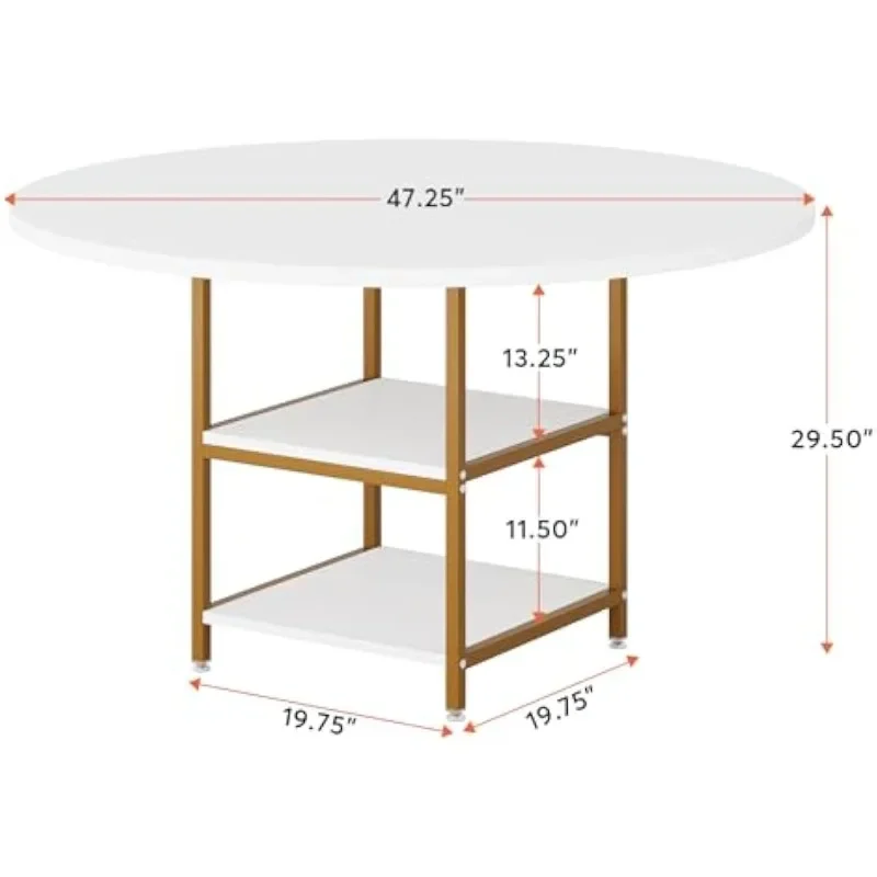 47 Inches Dining Table Kitchen Tables for Dining Room, 4 People Round Dinner Table with Storage Shelves for Dinner Room Kitchen