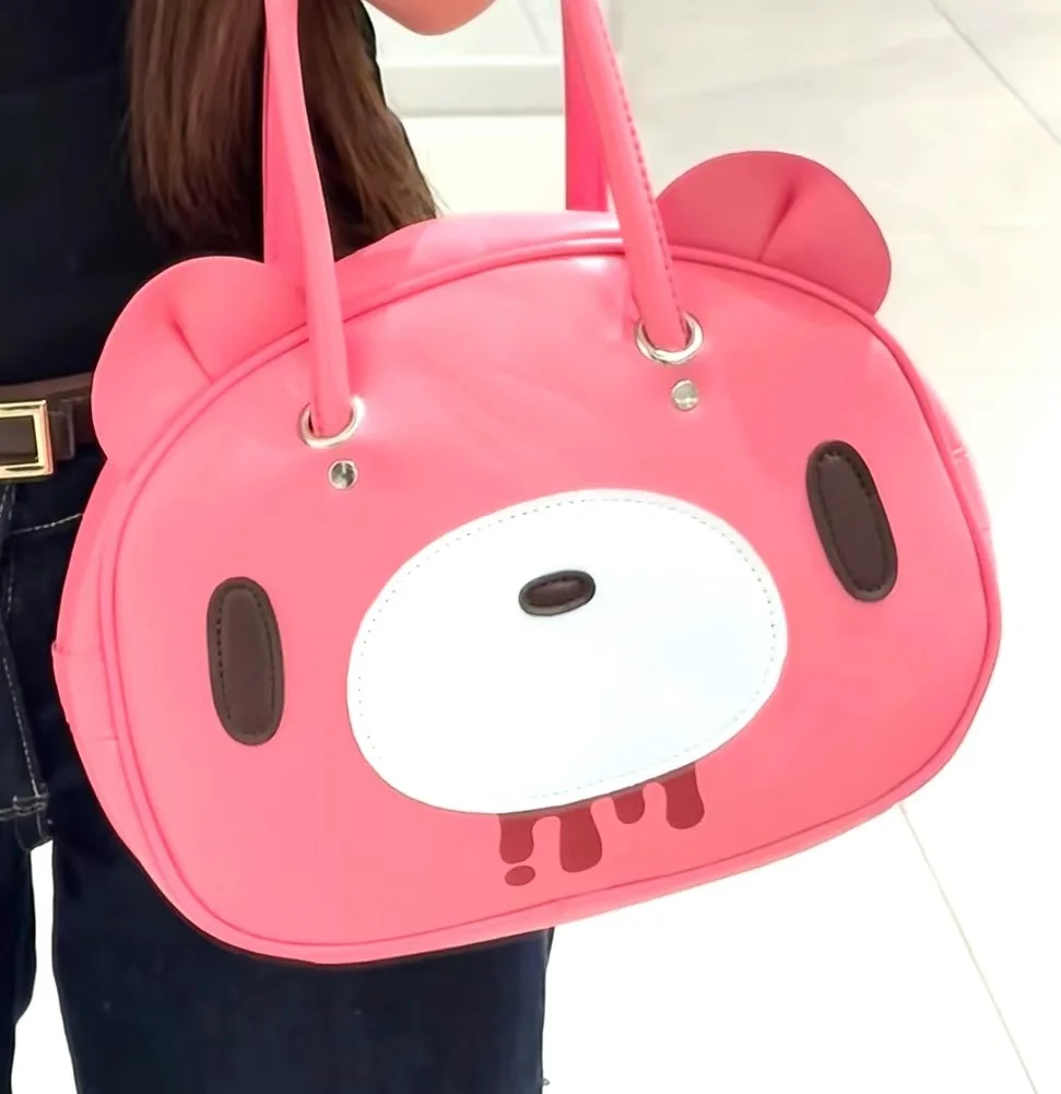 

Hot Pink Faux Leather Bear Shaped Shoulder Bag with Bear Ears and Blood Drip Details for Kawaii Y2K Fashion