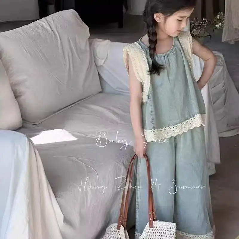 

Girls Sleeveless Two-piece Children's Clothing Summer Girls Set Fashionable Lace Edge Denim Vest Top and Wide Leg Pants