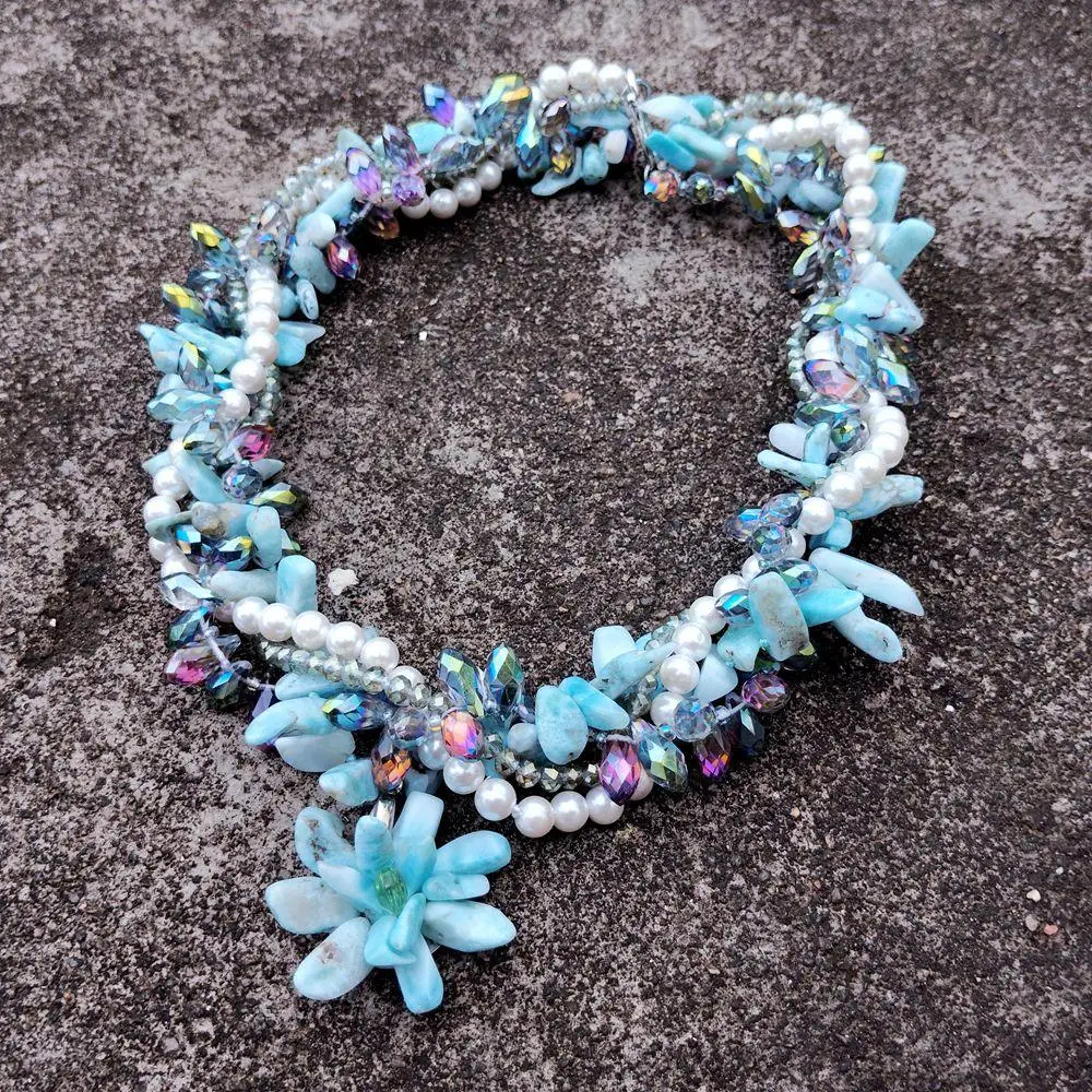 

YYGEM 4 Strands 9x16mm Larimar 6mm White Sea Shell Crystal Torsade Necklace Elegant Statement Necklaces Jewelry