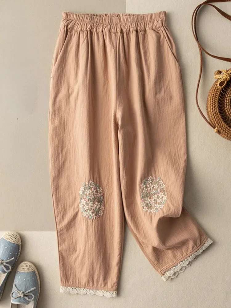 

Cotton and Linen Embroidered Casual Pants Women Summer New Fashion Literary Retro Loose Lace Nine-point Harem Pants