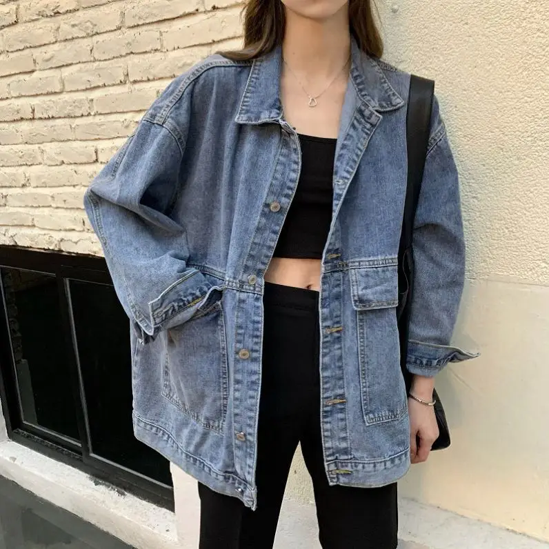 Loose Casual Long Sleeve Denim Jacket for Women Spring Autumn New Style Korean Version Student Harajuku Retro Top Button Closure