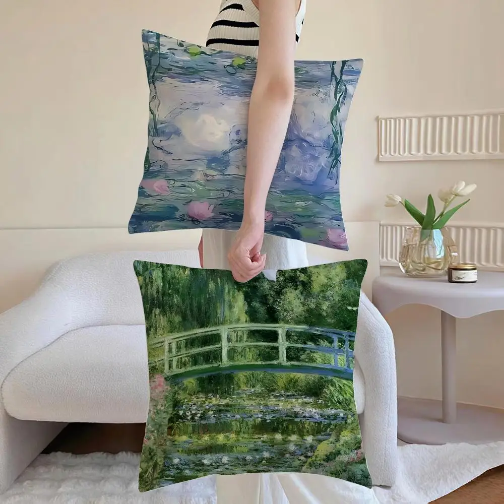 M-Monet Water Lilies Cushion Cover Washable Linen Pillowcase Soft  for Daily Sofa Bed Home Room Decor