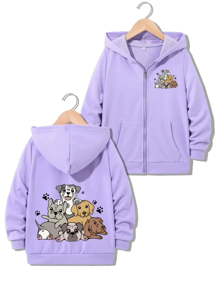 Light Gray Zip Up Hoodie Chest Small Cartoon Puppy Group Print Back Large Cute Multi Dog Paw Print Graphic Kids Casual Sweatshir