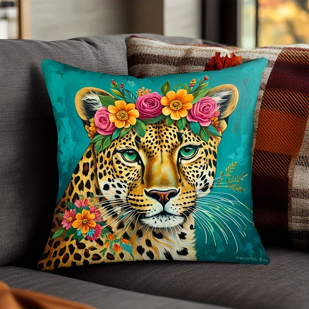 2D Flat Boho Floral Leopard Throw Pillow Cover Teal Wild Cat Decorative Pillowcase Home Living Room Bedroom Couch Sofa