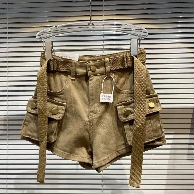 Pantaloncini cargo in denim kaki per donna Y2K 2025 Pantaloncini jeans vintage tascabili casual estivi Pantaloni corti in denim nero a vita alta femminile