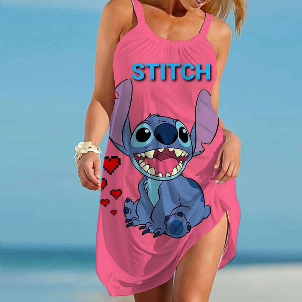 Stitch Women's Summer Sundresses Disney Dress Sexy Boho Sleeveless Cartoon Dresses 2024 Fashion Backless Beach Woman Loose Slip