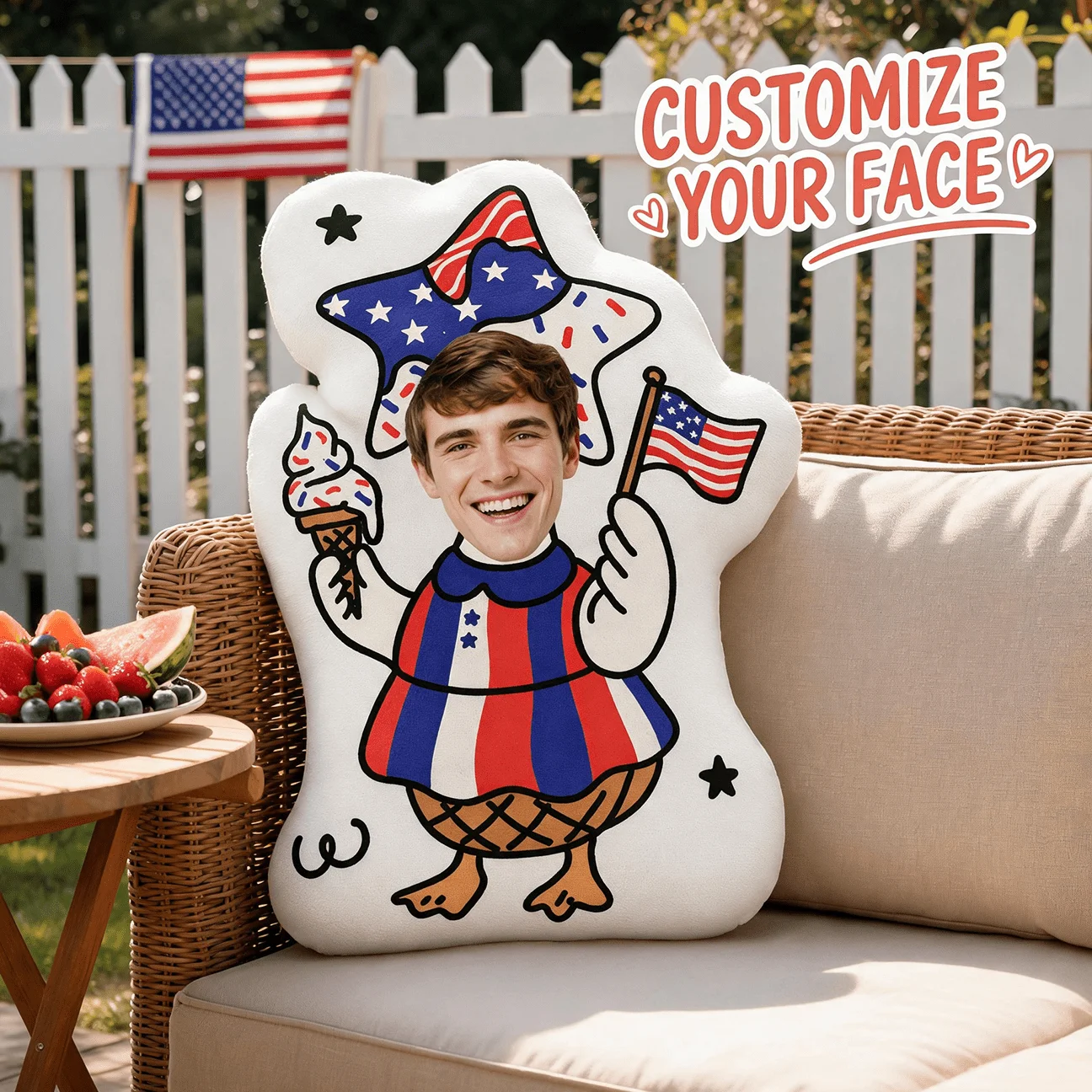 Custom Face Personalized Photo Shaped Pillow, Patriotic Ice Cream Character Decorative Cushion, 60cm Large Size Accent Pillow fo