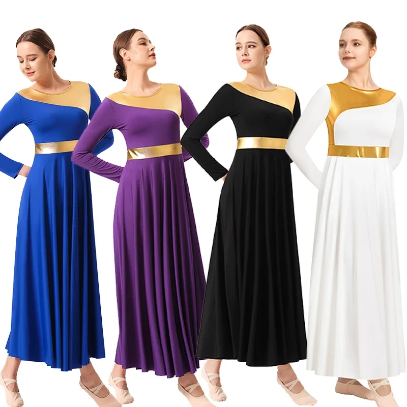 Vestido de baile de alabanza para mujer, bata de Iglesia de adoración litúrgica, Ropa de baile lírico, empalme metálico, corte libre