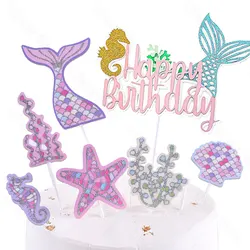7Pcs/Set Mermaid Happy Birthday Cake Toppers Purple Pink Sea Shell Mermail Tail Cake Toppers for Mermaid Birthday Cake Decortati