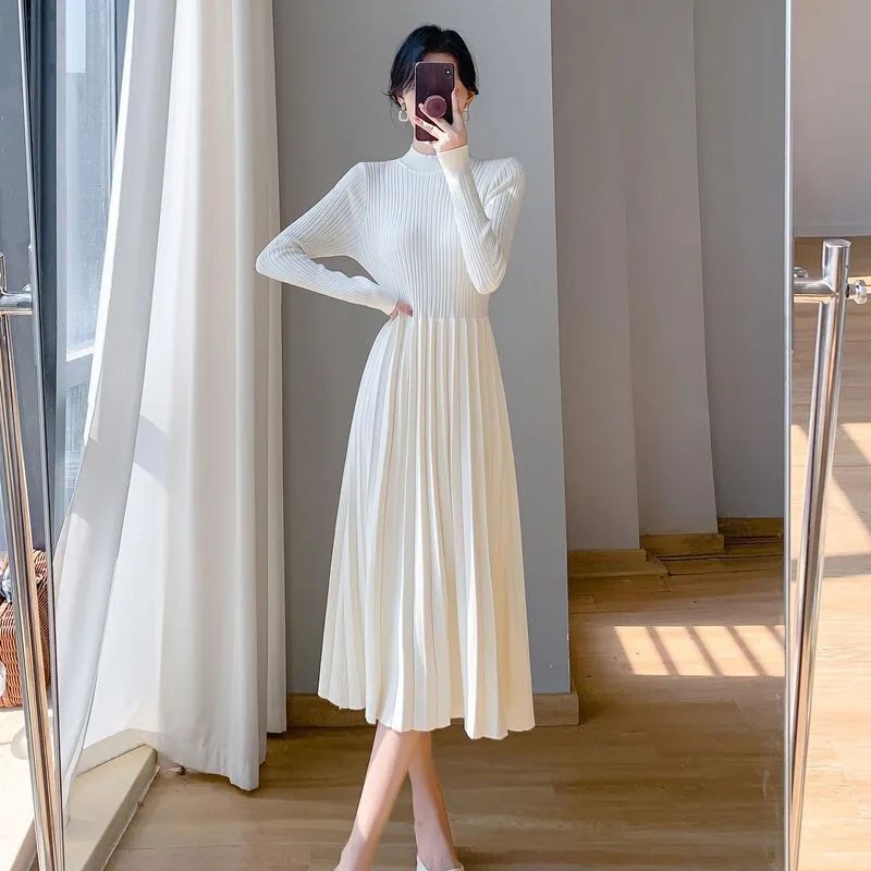 Vestido de malha com casaco para mulheres no outono e inverno, gola meio alta, comprimento médio, acima do joelho, camada interna, linha A de lã