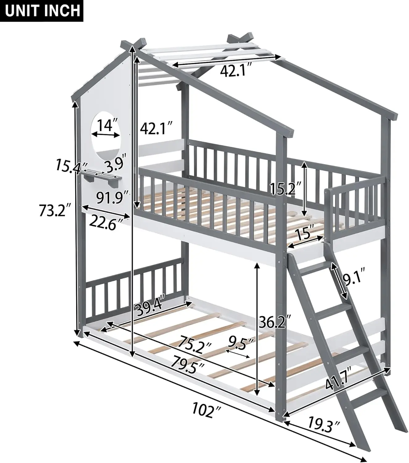 Wood Bunk Bed With Roof And Window For Kids, Twin Over Twin Toddler House Bed For Boys Girls, Grey