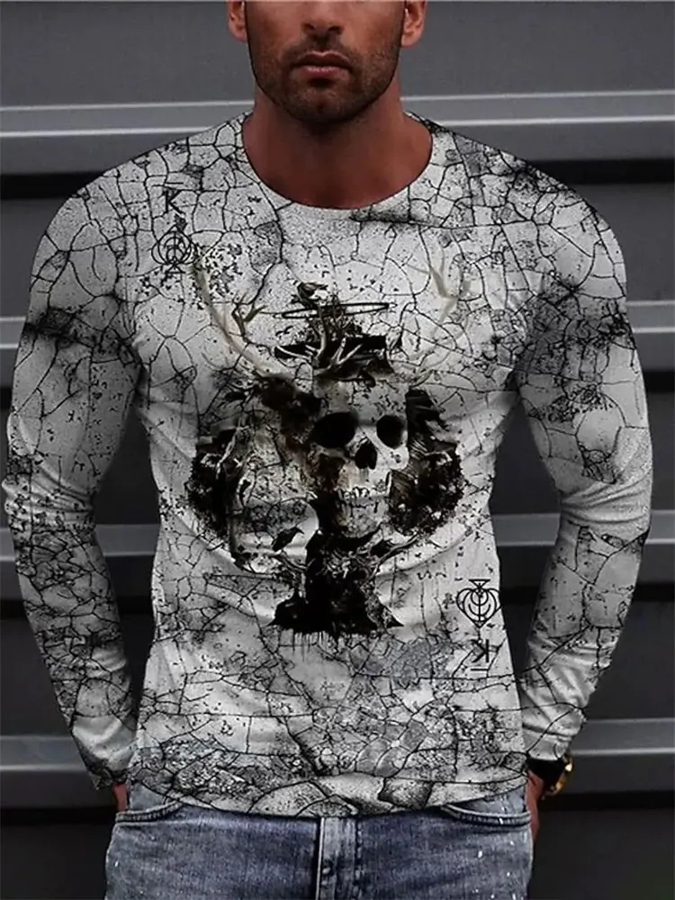 Men's 3D Skull Long Sleeve T-Shirt Crack Graphic Tee Gothic Dark Vintage Streetwear Casual Pullover Tops Gift New Fashion