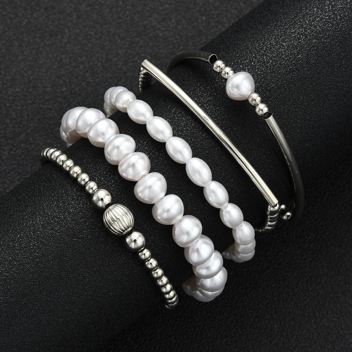5pcs Simple Beaded Pearl Design Bracelet Set For Women Vintage Silver Color Charm Bangles Holiday Date Daily Party Jewelry Gifts