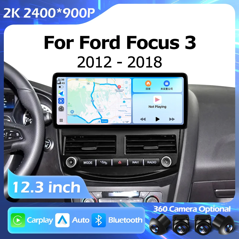 12.3 inch For Ford Focus 3 2012-2018 Car Radio Lntelligent Multimedia Player Android Auto Wireless Carplay Bluetooth 4G WIFI GPS