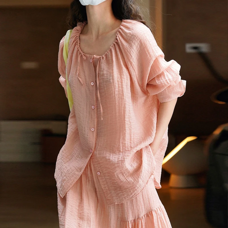 Johnature Korean Version Lazy Lace-up Crewneck Shirts Simple Chiffon Loose Thin Light Sunscreen 2025 Summer New Tops For Women