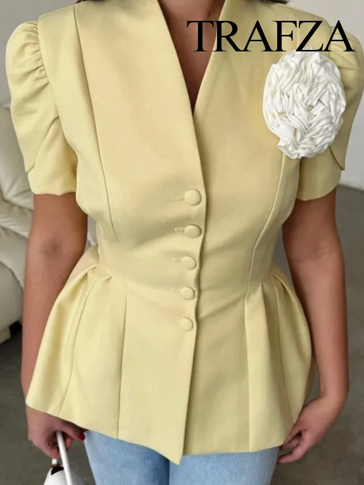 

TRAZFA Women Autumn New V-neck Single-breasted Short Sleeves Blazer Top Female Elegant Pleated 3D Flower Vintage 2-Color Jacket