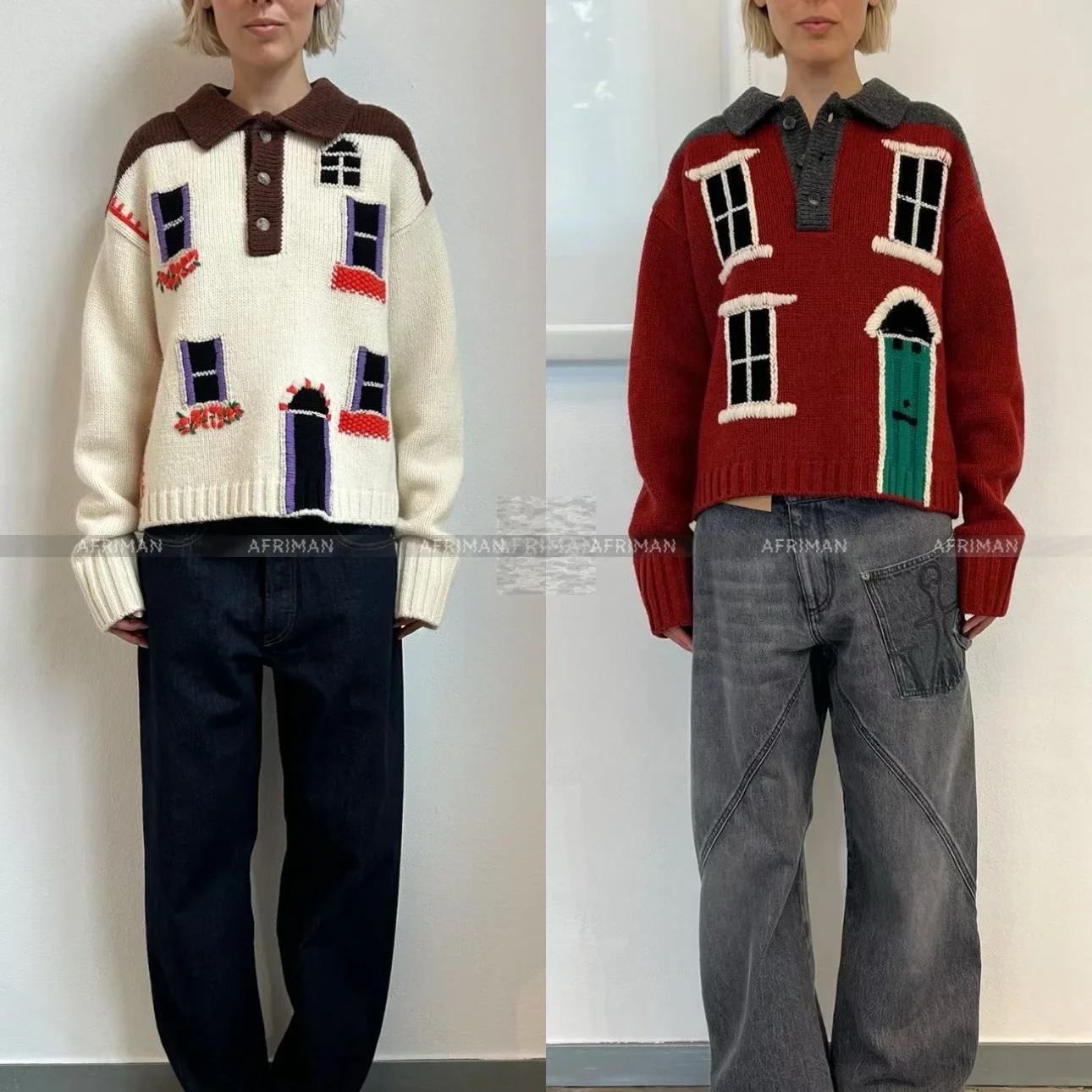 

Women Holiday Wear Cartoon House Crochet Polo Collar Needle Knitted Casual Sweater