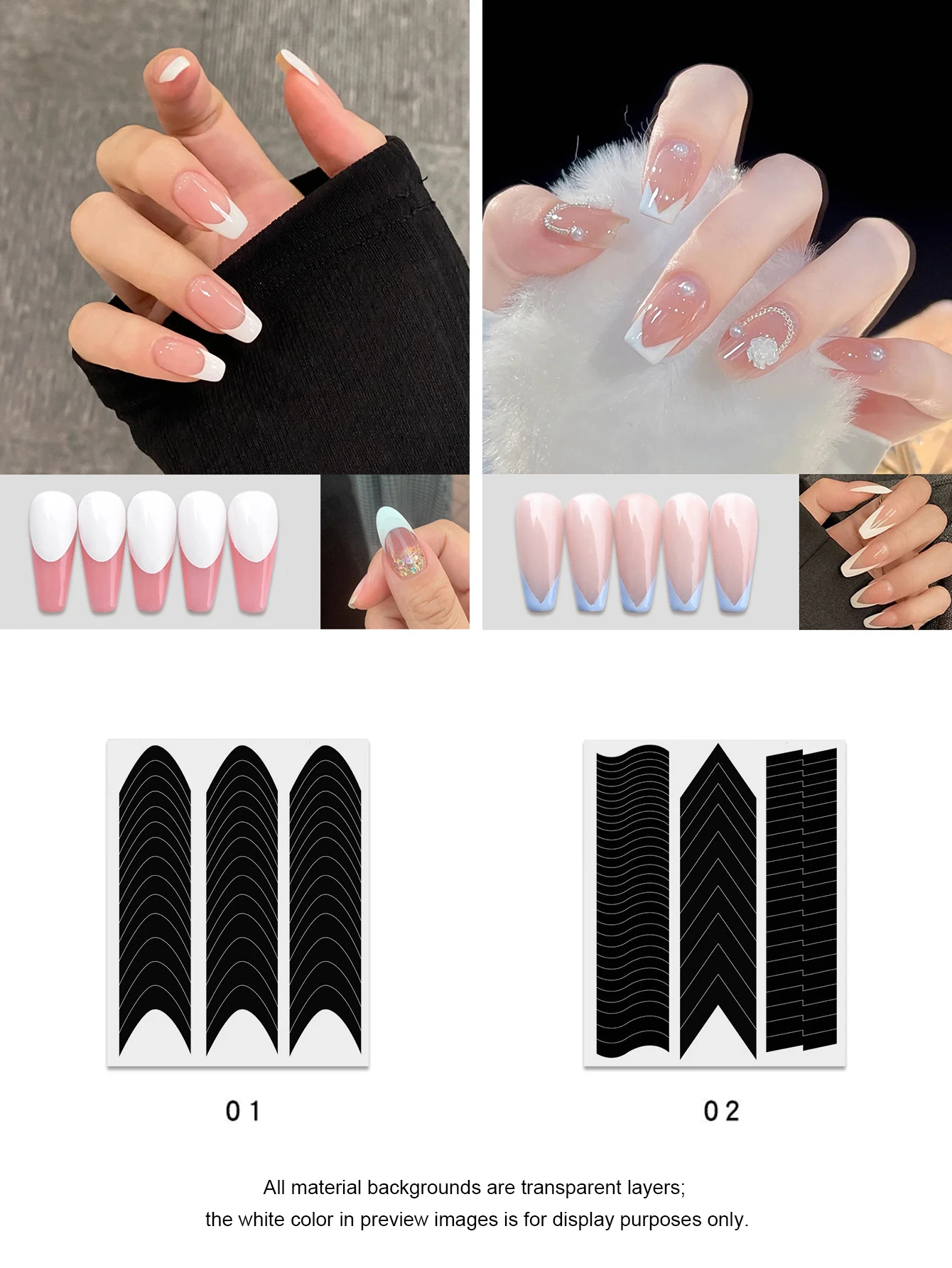 1 Zestaw 6 Naklejek + 1 Para Pęset, Naklejka na Paznokcie Półksiężyc Kształt V Klasyczny Linia Łuk Szablon Pomocniczy Narzędzie do Druku