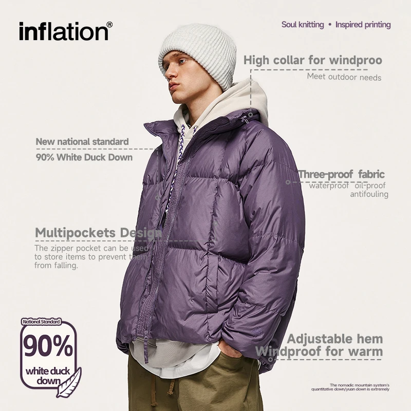 INFLATION Solid Color Puffer Jacket Unisex Stand Collar Windproof 90% White Duck Down Jacket Mens Outdoor Outerwear