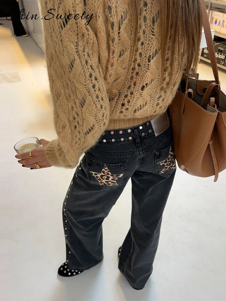 

Fashion Beading Star Leopard Patchwork Jeans Women Pockets Low Waist Straight Denim Pant 2025 Spring Summer Lady Streetwears New