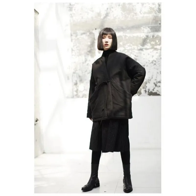 Women's Autumn Winter 100% Cotton Coat Warm High Quality Parkas Retro Harajuku Tie Simple Loose Design Fashion Puffer Jacket
