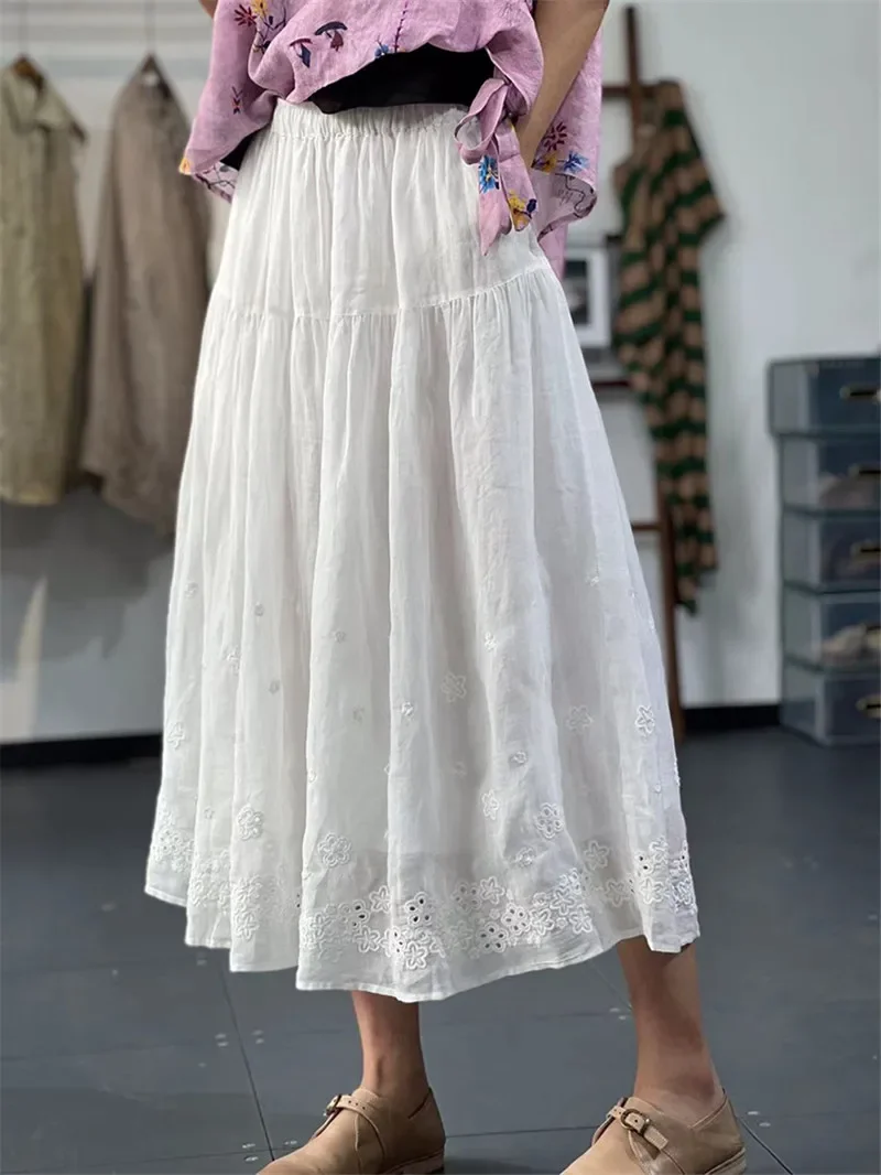 

2025 New Spring Versatile Cotton Linen Long Skirt Women Korean Fashion Patchwork Hollow Out Elastic Waist Embroidery Skirts