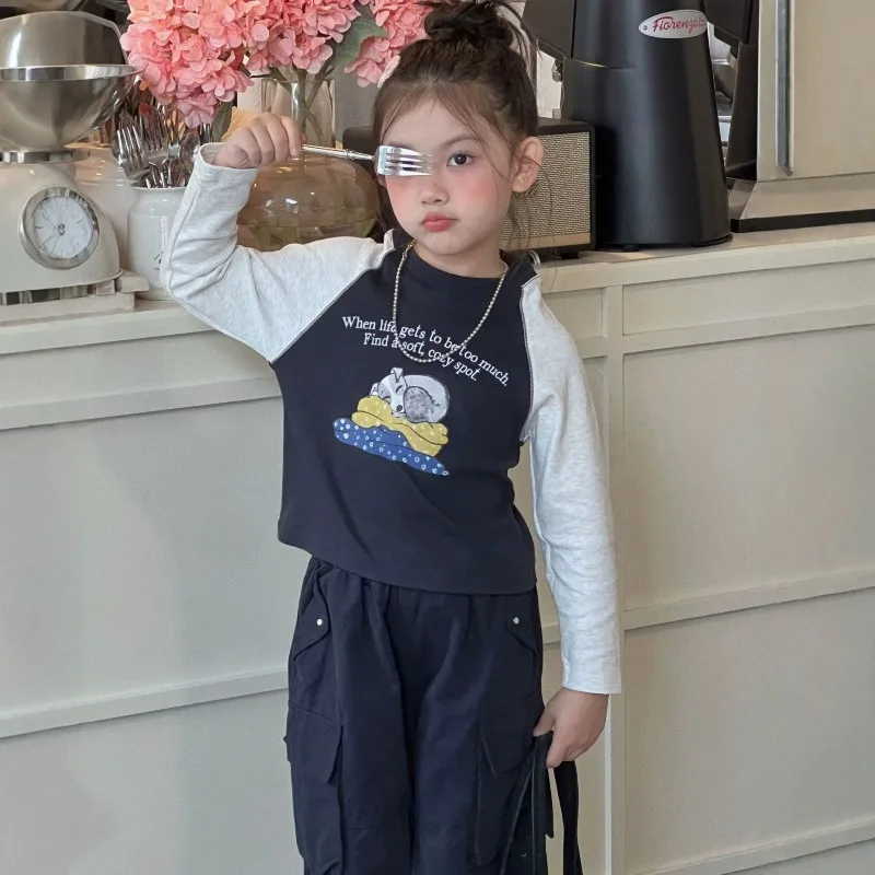 2026 Spring and Autumn Winter New Girl's Korean Printed Long Sleeved T-shirt, Work Clothes, Wide Leg Pants