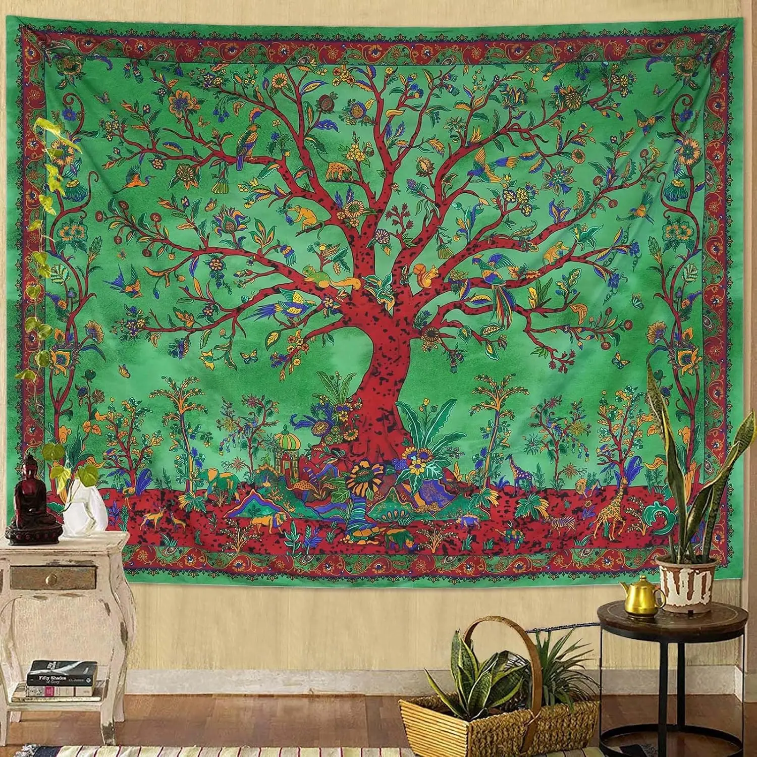 Green Tree of Life Tapestry Indian Hippie Cool Tree Tapestries for Bedroom Tie Dye Art Nature Botanical Plant Tapestry Wall