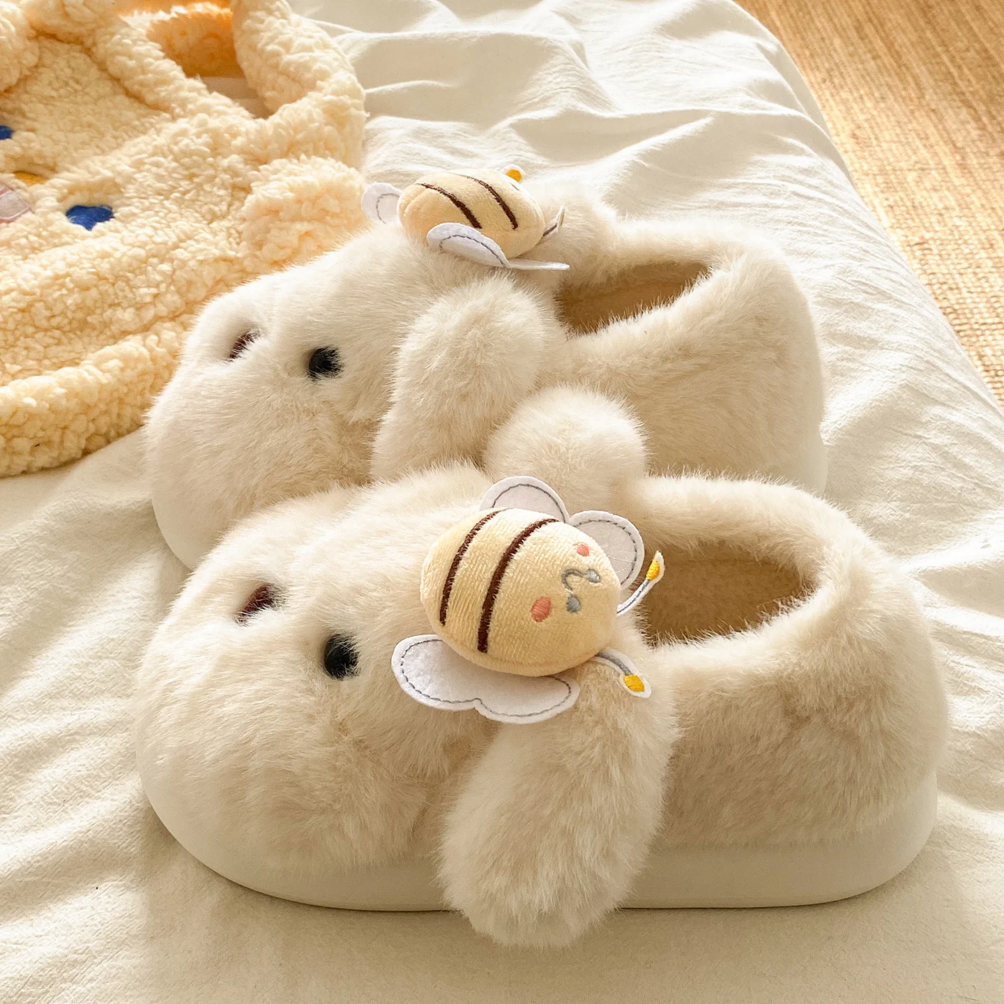 Women's Winter Cute Rabbit Bee Plush Slippers Thick Sole Warm Non Slip Indoor Home Fluffy Slippers for Women - view 4