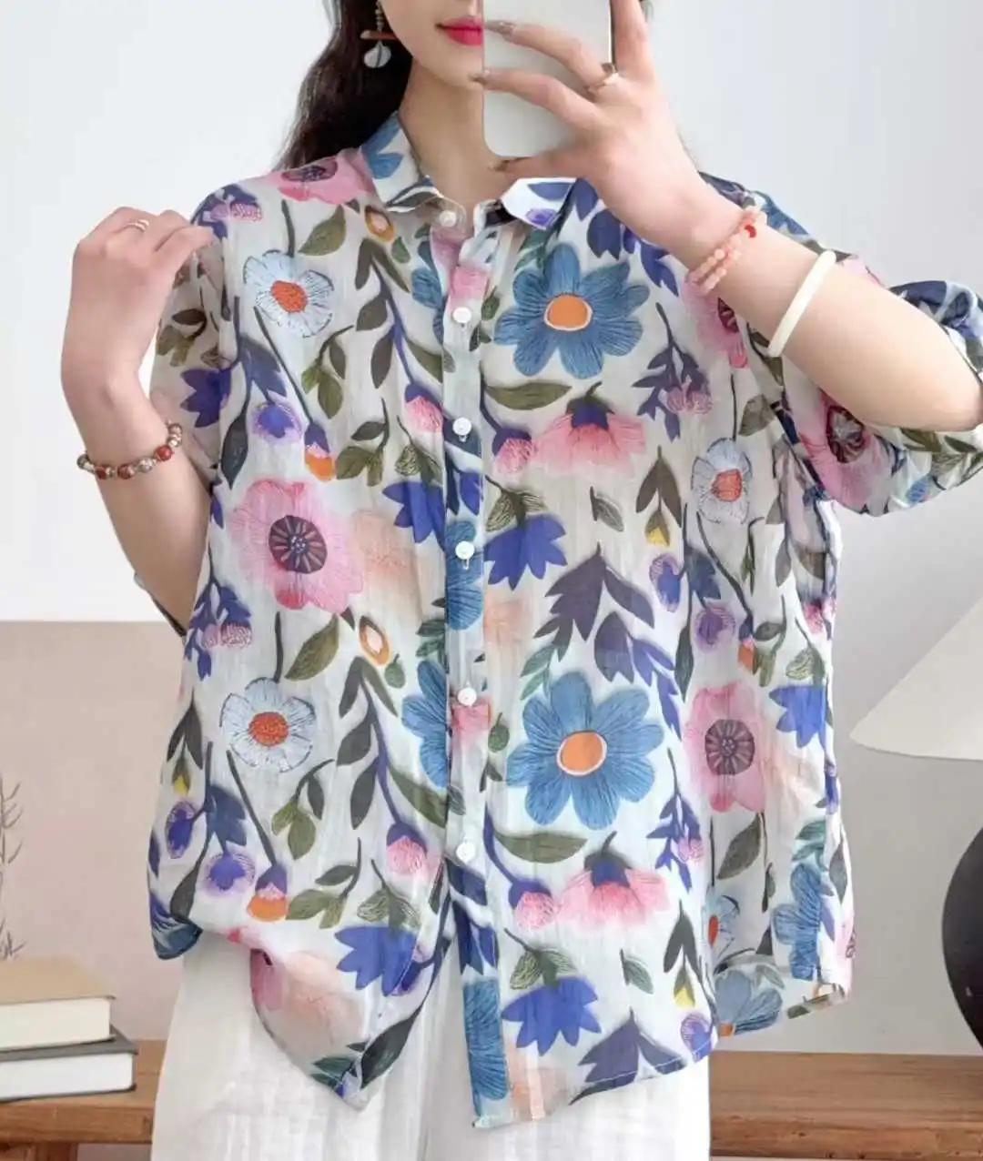 

2025 женская летняя блузка из 100% льна рами, рубашки и блузки с цветочным принтом для женщин, дизайнерские дышащие топы с короткими рукавами