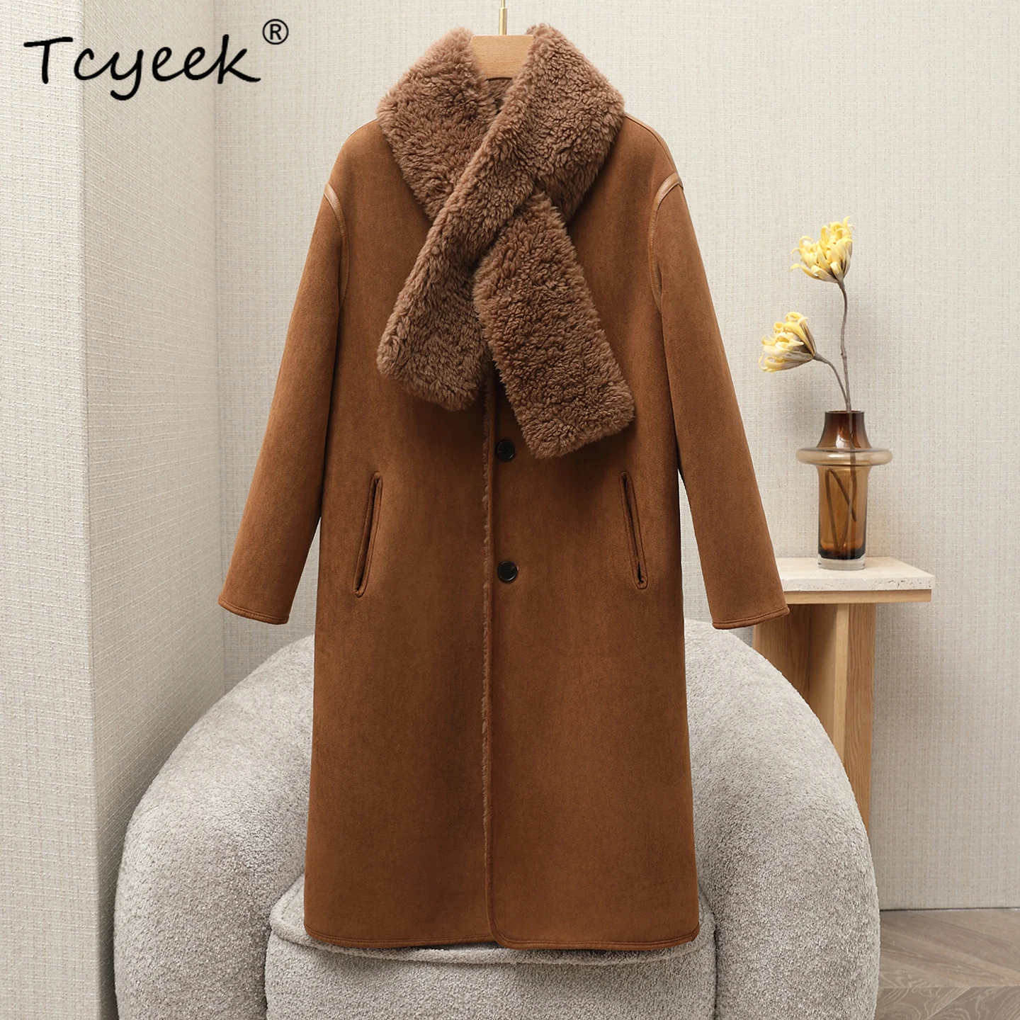 

Tcyeek 100% Wool Jacket Women Winter Clothes Fashion Sheep Shearling Coats Lamb Wool Fur New in Coats Mid-length Пальто Женское