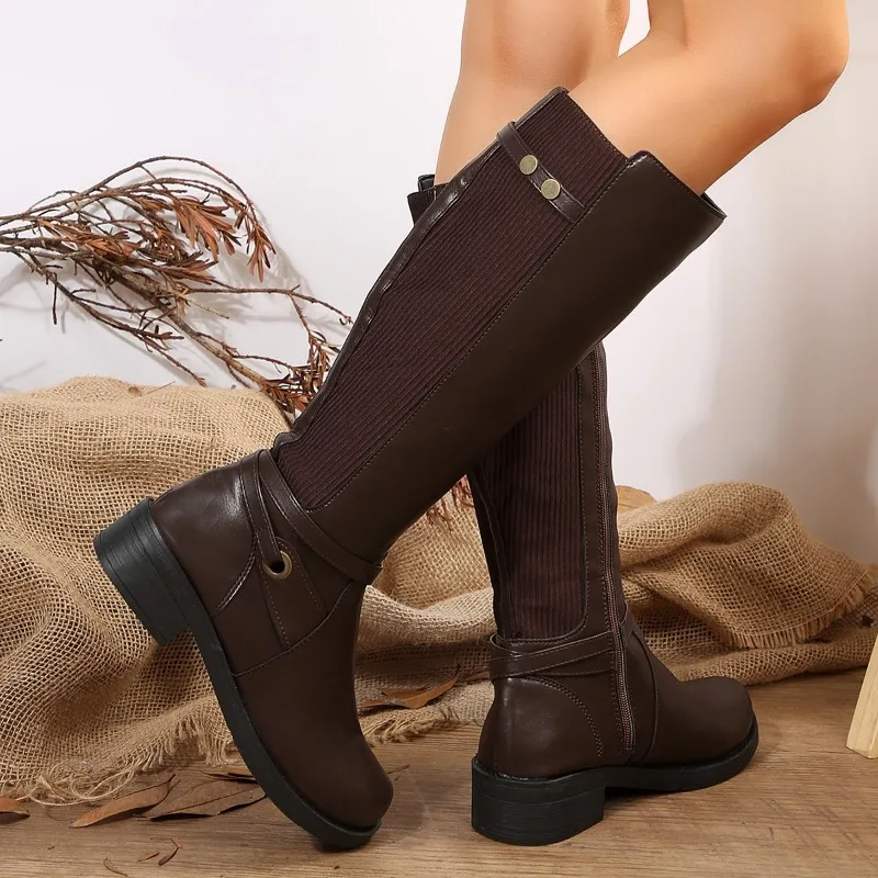 Botas de mujer de cuero de alta calidad, botas hasta la rodilla, botas de caballero a la moda para mujer, botas largas con cremallera lateral, Botas Largas Mujer