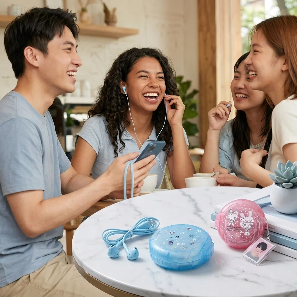 Subculture Korean Earphones Storage Box with Pendant Cartoon Home Office Desk Storage Random Stickers
