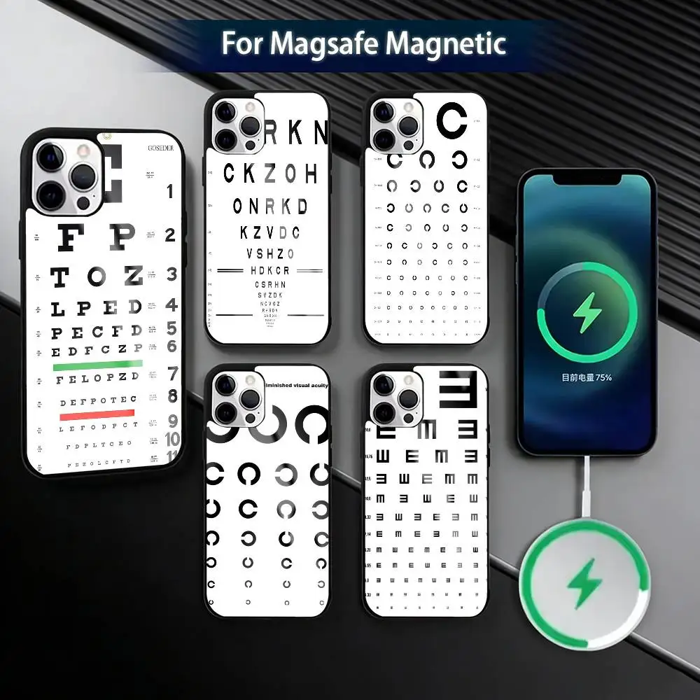 

Чехол для iPhone 17, 16, 15, 14, 13, 12, 11 Plus, Pro с магнитной технологией Magsafe и беспроводной зарядкой, дизайн «Таблица для проверки зрения»