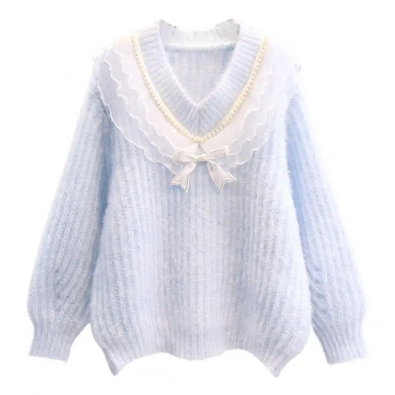 Lace Ruffles Bow-knot Beaded Girly Style Knitwear Korean Gentle Autumn Winter Female Sweater Casual V-neck Woman\'s Pullover